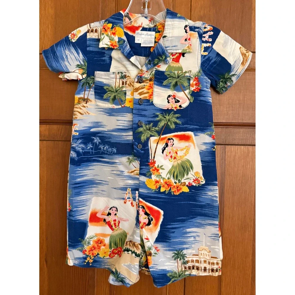 Ralph Lauren Baby Aloha Hawaiian Romper‎ Size 9 Months Blue Loop Collar Infant